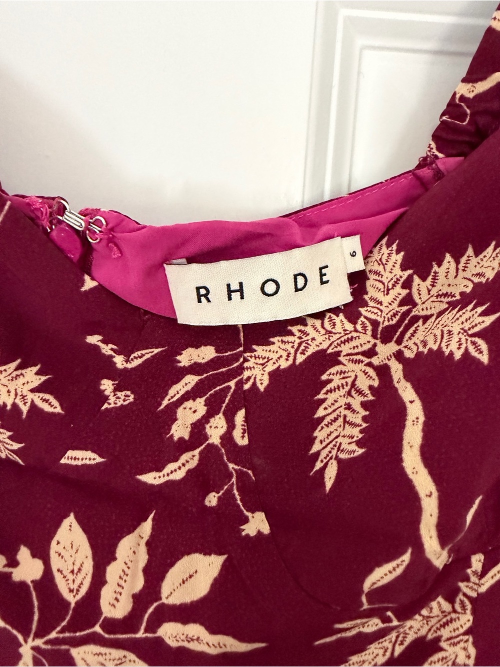 RHODE Burgundy Floral Puff Sleeve Ruffle Hem Midi Dress Size 6 - Picture 3 of 5